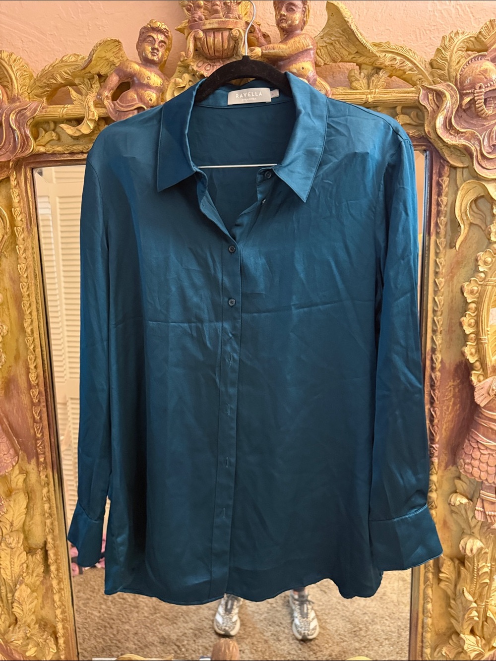 Ravella Teal Silk Button-Down Top
